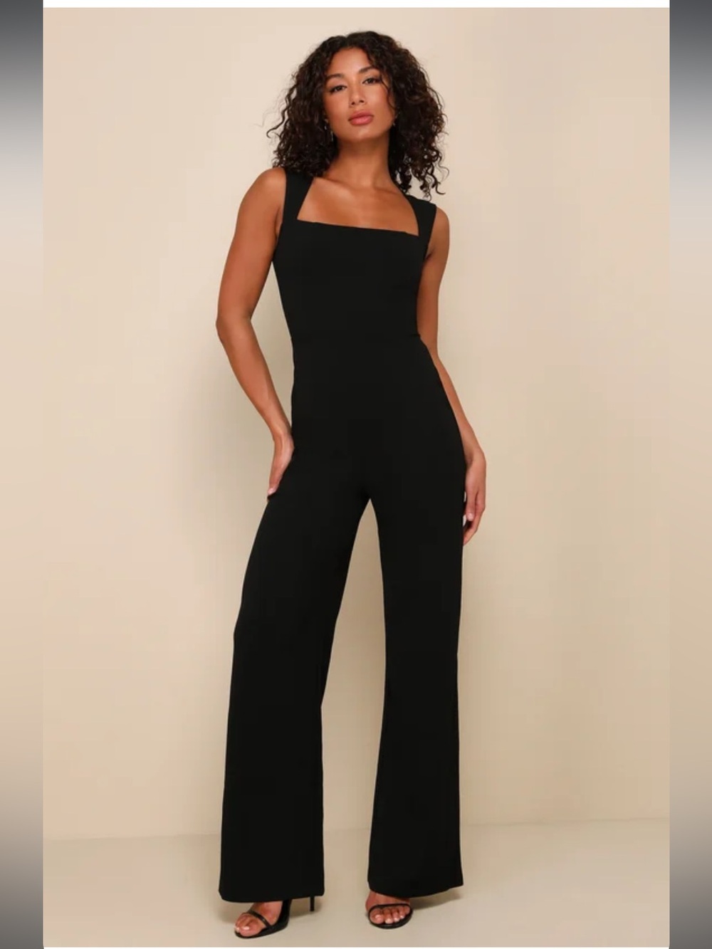 Lulu's enticing endeavors Black Square-Neck Wide-Leg Jumpsuit